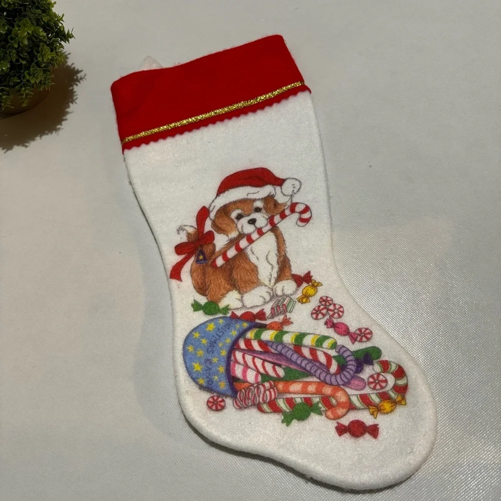 Vintage 80s 90s Puppy Candy Cane Graphic Felt Stocking Christmas Holiday Festive